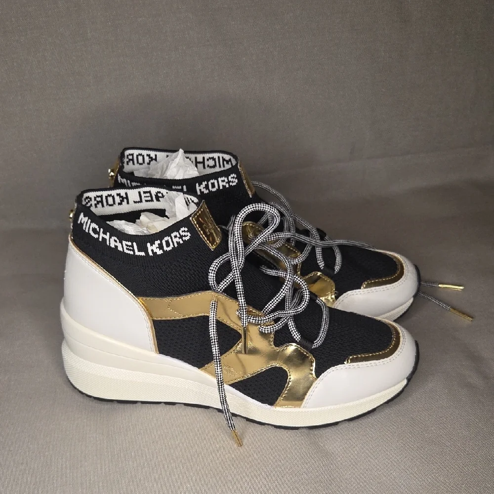 Michael Kors Hilda Knit & Leather Sock Wedge Heel Lace Up Trainers Sneakers - Picture 1 of 13